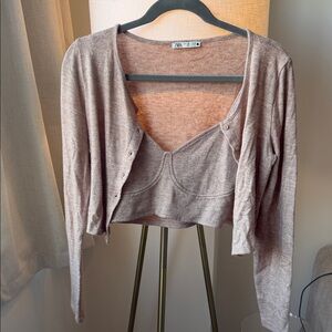Zara Beige Cardigan and Crop Top Set
